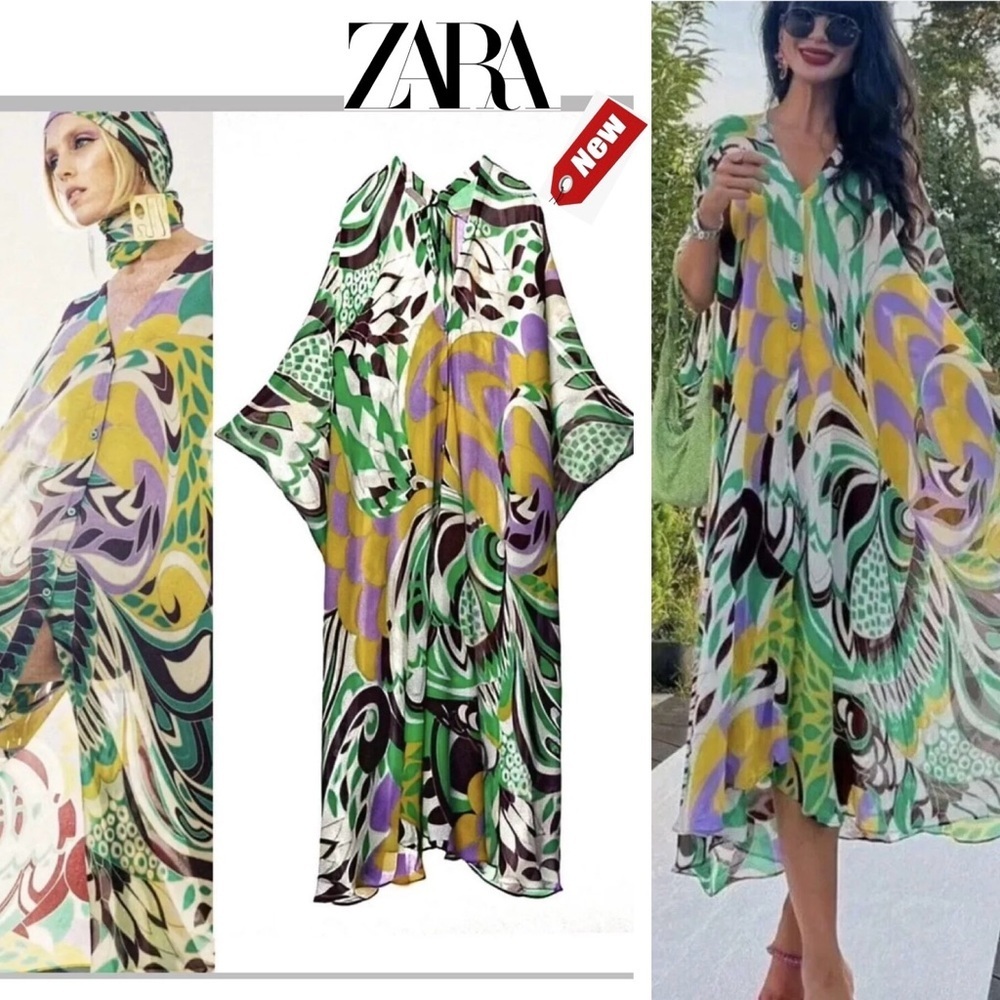 Zara printed chiffon long kaftan button front beach cover up green purple yellow